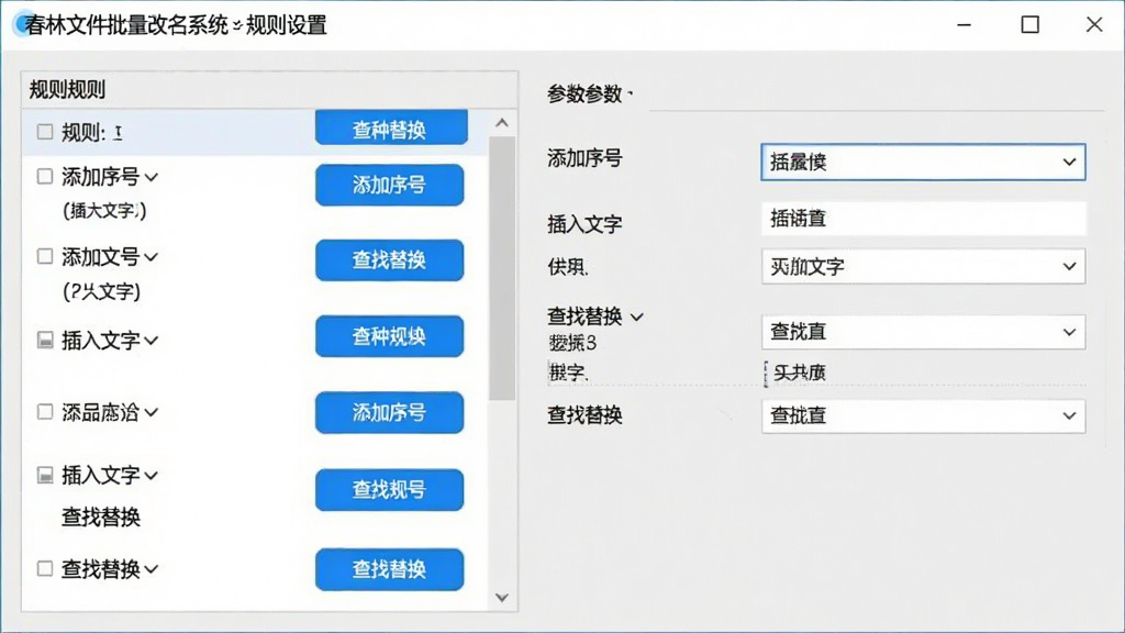 �����ļ���������ϵͳ�Ĺ������ý��棬���Ϊ�����б����Ҳ�Ϊ��Ӧ������������չʾ��������š������������֡����������滻���ȶ��ֹ���ѡ��������ֱ�ۣ���ǳ��ɫ����������ɫ������ť���������������ʸɾ��޶���Ԫ��
