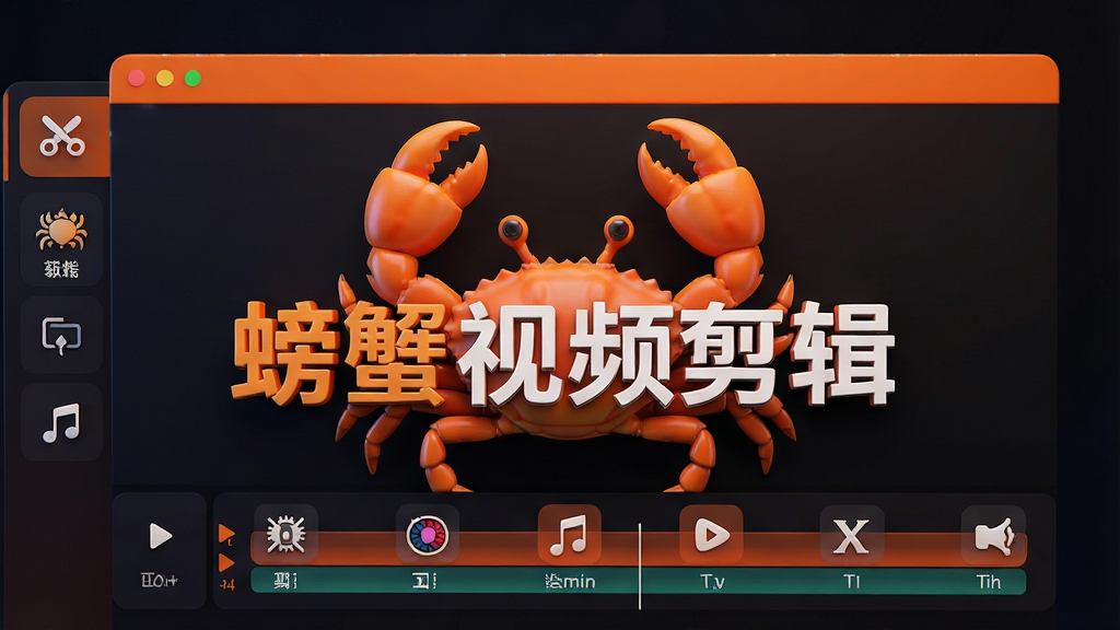 一张展示螃蟹视频剪辑软件主界面的高清图片,界面设计简洁现代,主要功能图标如剪辑、滤镜、音乐、文字等排列有序,整体色调以活力橙色为主,背景为深色渐变,突出软件名称'螃蟹视频剪辑',画面干净无多余元素,画质清晰,渲染风格为3D质感,排版采用中心构图,主体突出,细节丰富,风格为科技感UI设计展示,画质8K,干净,无多余元素