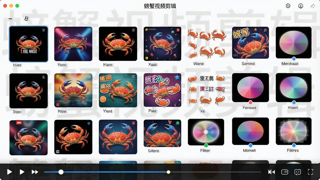 一张展示螃蟹视频剪辑软件素材库界面的效果图,屏幕中展示着分类排列的音乐专辑封面、动态贴纸和滤镜缩略图,画面色彩鲜艳丰富,界面底部有播放控制条,软件名称'螃蟹视频剪辑'作为背景水印,风格为现代UI界面设计,构图均衡,排版整齐,细节丰富,画质超清,干净,无多余元素