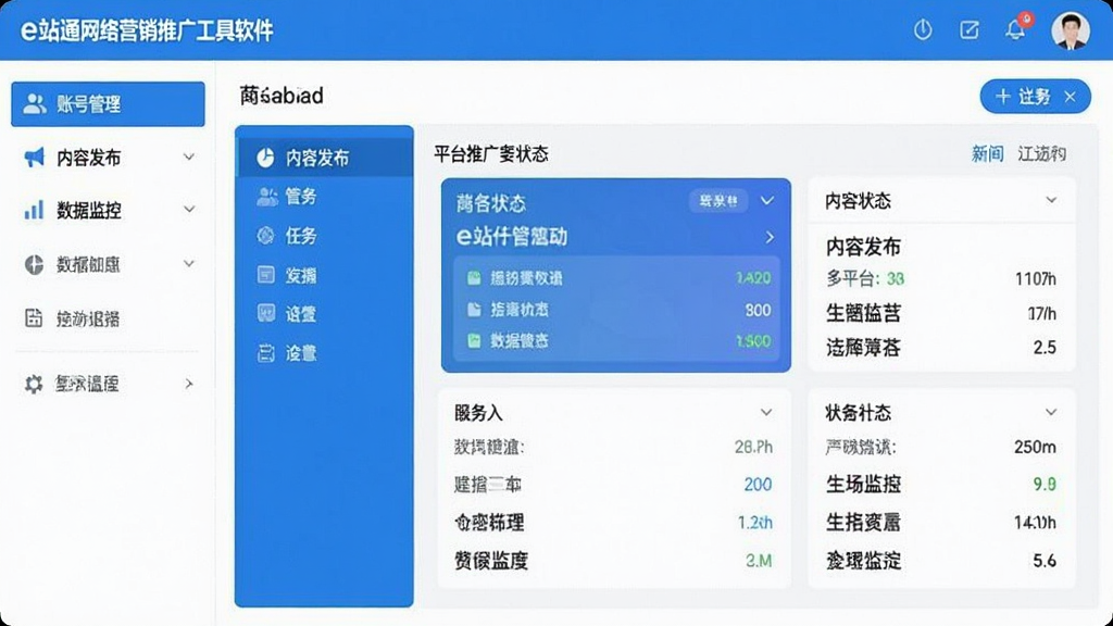 一幅展示e站通网络营销推广工具软件主界面的截图,界面布局清晰,左侧功能导航栏包含“账号管理”、“内容发布”、“数据监控”等模块,中央区域显示多平台推广任务的状态看板,整体风格现代简约,色彩以蓝色和白色为主,画质干净,无多余元素。