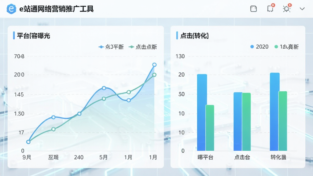 一张e站通网络营销推广工具软件的数据分析看板界面,包含折线图和柱状图,展示各平台内容的曝光、点击、转化数据,背景为浅色科技感网格,整体清晰明亮,数据可视化效果突出,画质干净无多余元素。