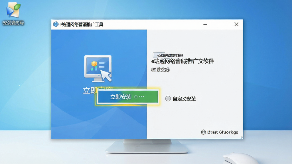 一张展示e站通网络营销推广工具软件安装向导的截图,背景为干净的桌面,安装界面高亮显示“立即安装”按钮,旁边有“自定义安装”选项,整体画面清晰明亮,风格实用简洁,画质干净无多余元素。