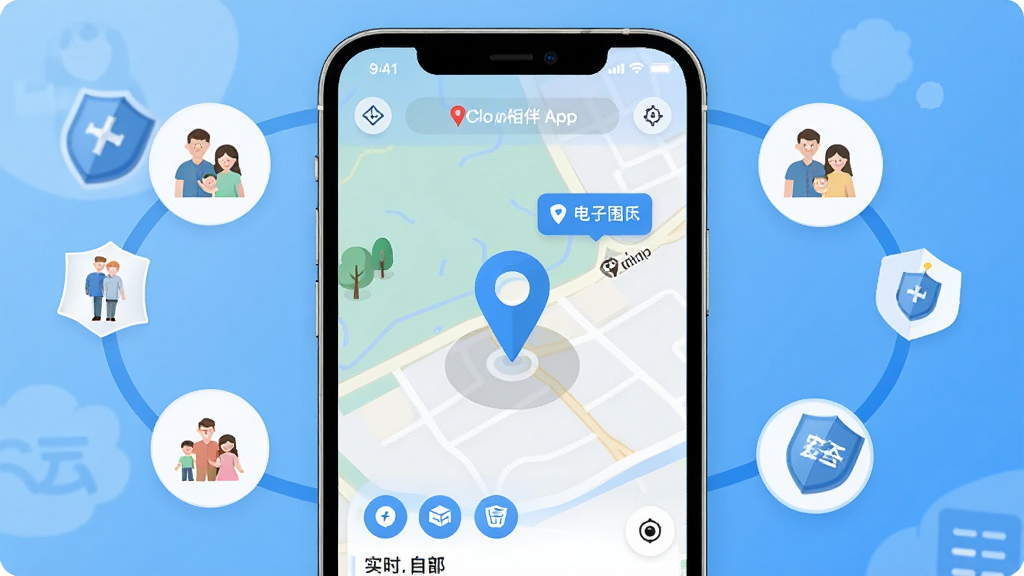 画面主体为云相伴App在智能手机上的运行界面,屏幕中央显示地图与定位标记点,周围环绕家庭人物图标与安全盾牌图形,布局采用居中构图,整体风格清新自然,色调以蓝白为主,细节包含实时位置、电子围栏等文字标签,画质高清通透,干净无多余元素
