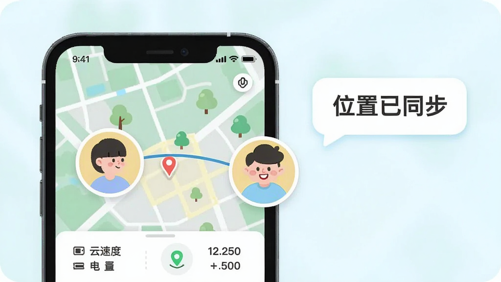 主体为云相伴App的实时位置共享功能展示,手机屏幕放大地图,两个卡通人物头像通过连线连接,一侧显示“位置已同步”文字气泡,布局左右分栏,排版简洁,风格扁平化插画,色调清新明亮,细节包含速度、电量、时间等小图标,画质干净清晰