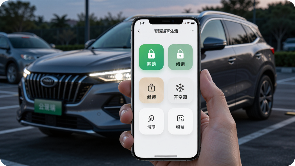 图片主体是一只手拿着智能手机,屏幕显示“奇瑞瑞享生活”APP的远程控制界面,界面有“解锁”、“闭锁”、“开空调”等大图标按钮,背景是一辆停在室外停车场的奇瑞汽车,车辆大灯亮起。画面构图以手部动作和手机屏幕为焦点,采用平视视角。排版简洁突出操作感。风格为数码科技风,细节展示屏幕图标的质感与车辆外观,画质高清,干净无多余杂物。