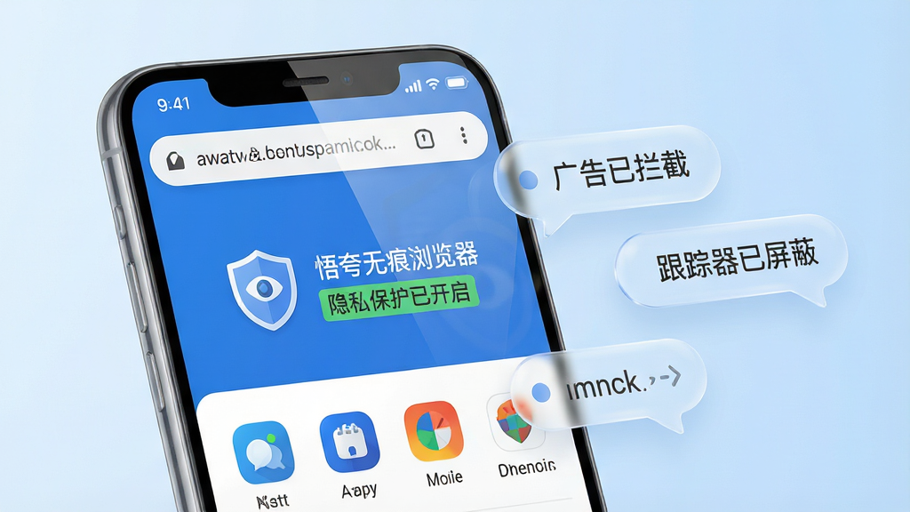 主体:一款现代感十足的智能手机,屏幕正中央显示悟夸无痕浏览器的主界面,界面干净简洁,带有盾牌与眼睛的图标,旁边有“隐私保护已开启”的绿色字样。布局:手机位于画面中央偏左,右侧悬浮着几个半透明的隐私数据拦截提示气泡,写着“广告已拦截”、“跟踪器已屏蔽”。排版:手机屏幕内展示浏览器地址栏和几个常用网站图标,界面清晰直观。风格:科技感、扁平化、清爽,背景为浅蓝色渐变。细节:手机屏幕反光自然,气泡质感轻盈,整体色调以蓝白为主,画面干净无杂物。画质:高清渲染,干净无多余元素。