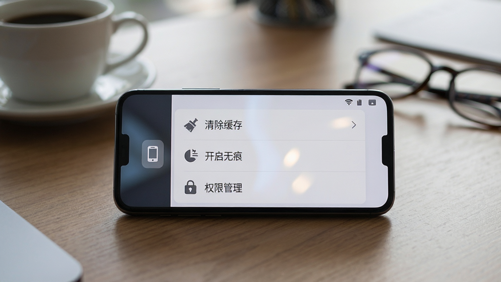 主体:一部手机横向放置在桌面上,屏幕显示悟夸无痕浏览器的设置菜单,菜单项有“清除缓存”、“开启无痕”、“权限管理”。布局:手机位于画面中心,背景为模糊的桌面环境,周围有咖啡杯和眼镜。排版:屏幕内设置菜单清晰可见,每个选项旁边有简洁的图标。风格:写实摄影风格,光线柔和,浅景深效果。细节:手机屏幕反射轻微光线,桌面为木质纹理,整体氛围安静专业。画质:高分辨率,干净无多余元素。