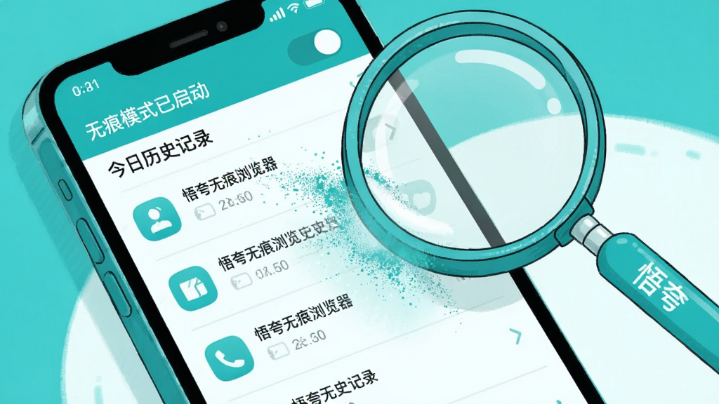 主体:一个放大镜正在擦拭手机屏幕上的浏览记录列表,列表图标逐渐淡出消失。布局:放大镜位于画面右上角,手机屏幕占据主体,屏幕上显示悟夸无痕浏览器的历史记录界面,记录条正在被擦除。排版:屏幕内以列表形式展示“今日历史记录”,顶部有“无痕模式已启动”的开关。风格:插画风格,色彩清新,以青色和白色为主,具有科技感。细节:擦除时产生粒子消散效果,放大镜手柄带有“悟夸”字样。画质:细腻、干净,无多余元素。