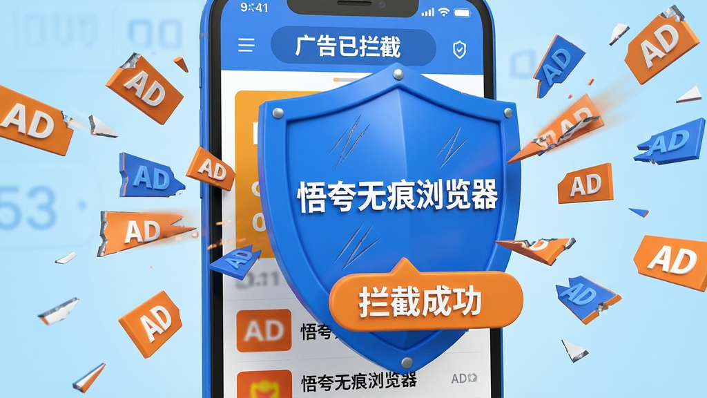 主体:一个坚固的蓝色盾牌,盾牌表面有“悟夸无痕浏览器”字样,正在抵挡从屏幕四周飞来的广告碎片。布局:盾牌位于画面中央,背景为手机浏览器界面,界面上显示有“广告已拦截”的计数数字。排版:盾牌前方有“拦截成功”的提示气泡,界面下方有被拦截的广告列表。风格:3D渲染风格,色彩明亮,以蓝色和橙色为主,突出对抗感。细节:广告碎片带有“AD”标签,盾牌表面有细微的划痕质感,背景界面干净。画质:高清晰度,干净无多余元素。