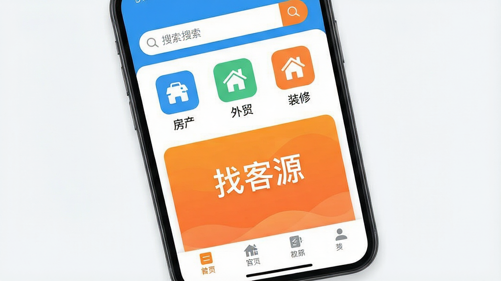 一张手机屏幕展示找客源主界面的高清图片,界面顶部为搜索栏,下方列有多个行业分类图标如房产、外贸、装修,正中显示“找客源”品牌字样与橙色渐变背景,底部为菜单栏,整体风格现代简洁,扁平化设计,色彩明亮,UI元素清晰可辨,画质干净无多余元素
