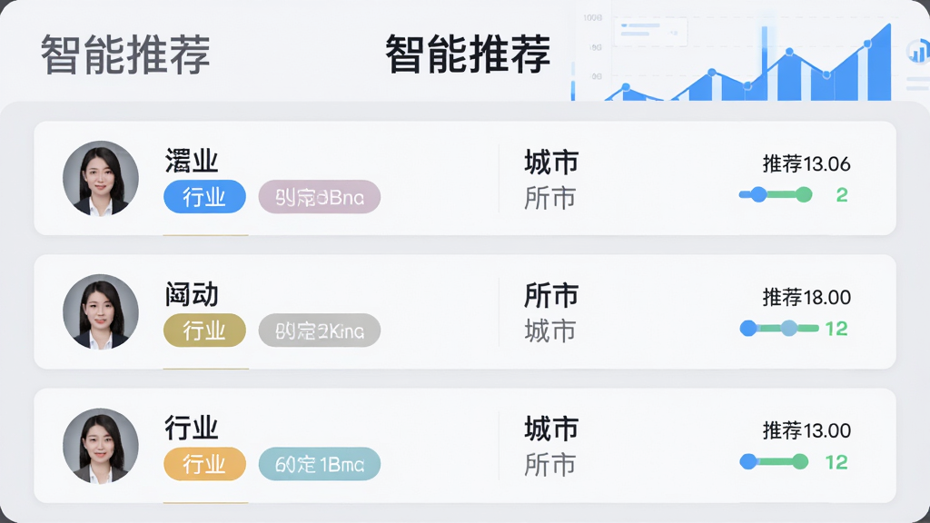 找客源软件预览图,展示智能推荐客源列表界面,每行包含客户头像、行业标签、所在城市与推荐指数,背景为浅灰色卡片式布局,顶部标有“智能推荐”字样,配以蓝色数据图表装饰,科技感强,扁平化风格,UI细节丰富,画质清晰干净