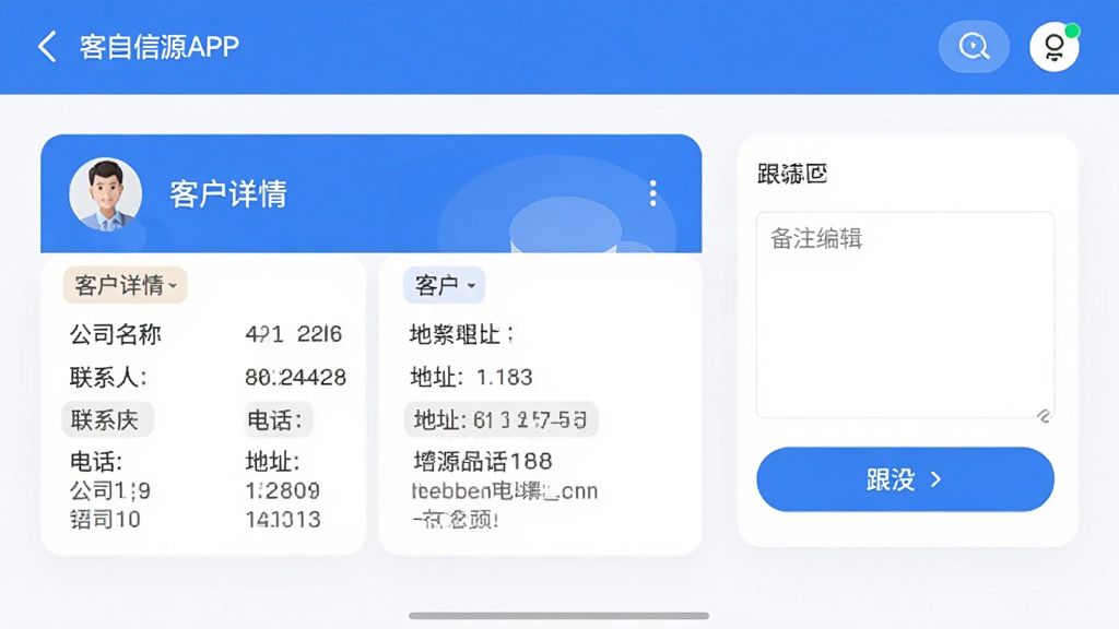 找客源APP截图,展示客户信息管理页面,包含客户详情卡片、备注编辑框与跟进按钮,色彩以蓝色和白色为主,布局清晰,数据字段丰富如公司名称、联系人、电话、地址等,界面扁平化,圆角设计,画质干净无多余元素