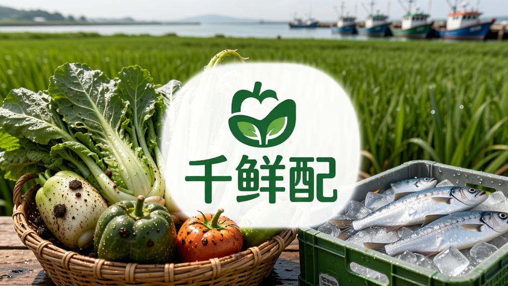 图片主体为“千鲜配”品牌logo与一筐刚从田间采摘的带泥土的新鲜蔬菜、一箱冰鲜海鱼并排陈列的特写。布局采用中心构图,产品占画面主体三分之二,背景是广阔的绿色田野与远处的渔船码头。风格为高清实拍,强调食材的鲜嫩质感与水珠细节,光线自然柔和。画面干净,无多余元素,突出源头直采的新鲜概念。