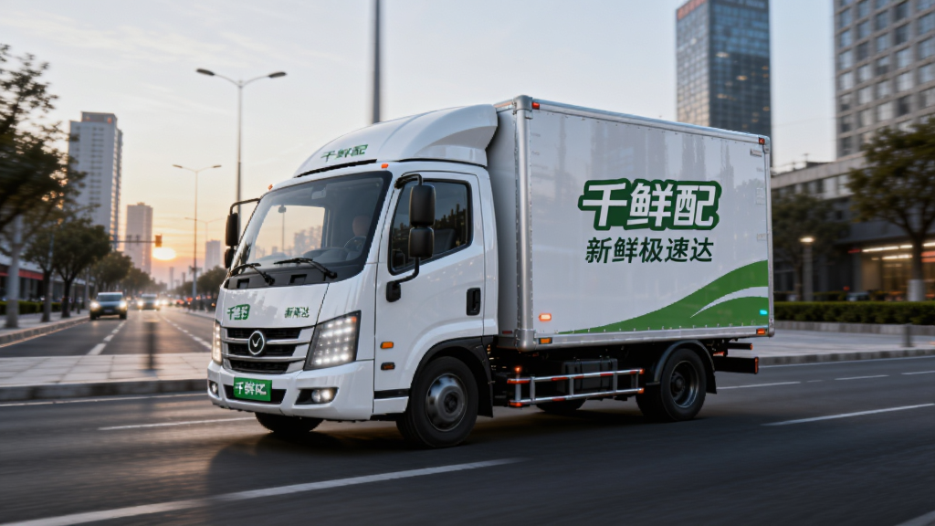 图片主体为“千鲜配”品牌的冷链配送车行驶在清晨的城市街道上,车身印有明显的“千鲜配 新鲜极速达”字样。布局采用动态抓拍视角,车辆位于画面中央,背景是微微泛白的天际线与整洁的街道。风格为写实摄影,突出车辆的速度感与科技感,画面细节丰富,干净无杂乱元素。