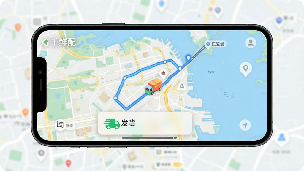 手机横屏展示“千鲜配”APP的订单追踪界面,画面中央显示地图轨迹与配送车辆图标。布局上地图占据画面主要背景,底部悬浮半透明的订单状态卡片,清晰显示“已发货”字样。风格为UI界面设计展示,色彩明快,信息层级分明,画质干净无多余元素。