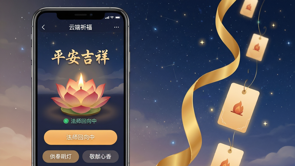 主体:手机屏幕展示“云端祈福”页面,页面中央有一盏燃烧的莲花灯,上方飘动着“平安吉祥”字样;布局:手机位于画面左侧,右侧漂浮着金色祈福丝带与心愿卡片;排版:界面简洁,祈福按钮醒目,底部有“供奉明灯”、“敬献心香”选项;风格:写实UI,背景为普陀山夜空繁星;细节:屏幕中显示“法师回向中”状态提示;画质:高清,色彩柔和,干净无多余元素。