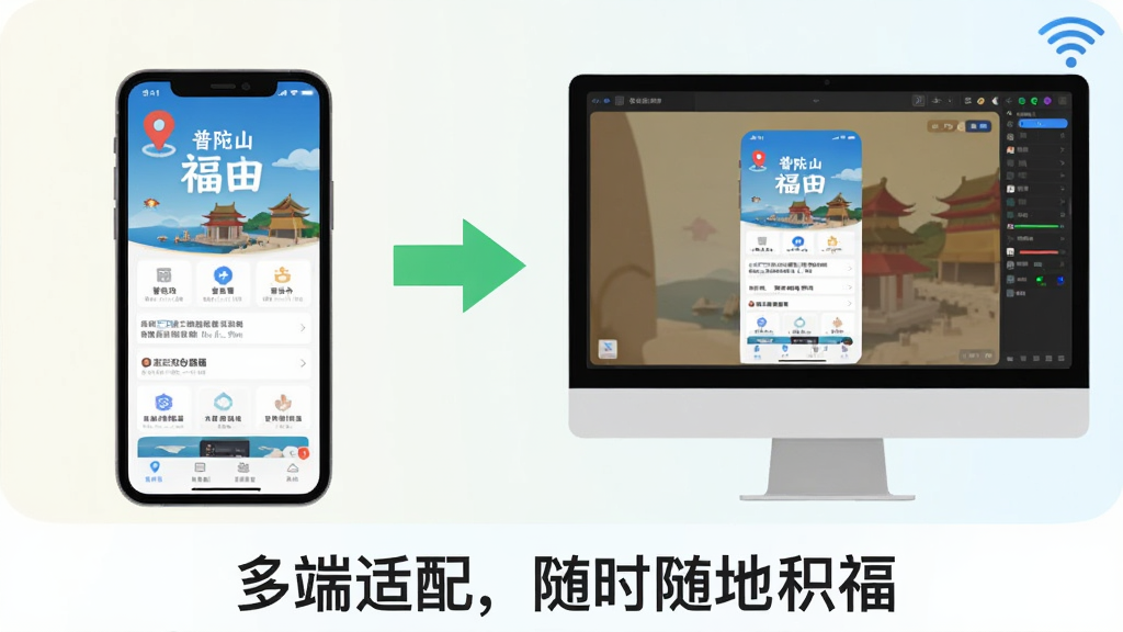 主体:一部手机与一台电脑并排摆放,手机屏幕显示普陀山福田应用主界面,电脑屏幕显示模拟器运行同一应用;布局:左右对称,中间有绿色箭头连接;排版:下方文字“多端适配,随时随地积福”;风格:扁平插画风格,浅色背景;细节:手机端有定位图标,电脑端有Wi-Fi图标;画质:高清,干净,无多余元素。