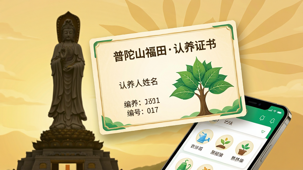 主体:一张电子认养证书悬浮于手机屏幕上方,证书上写有“普陀山福田认养证书”及一棵绿色菩提树插画;布局:手机位于画面右下,证书占据视觉中心,背景为普陀山南海观音像剪影;排版:证书文字清晰,包含认养人姓名与编号,整体简洁庄重;风格:写实与插画结合,暖金色与翠绿色调;细节:手机屏幕显示浇水、施肥等养护选项图标;画质:高清,干净,无多余元素。