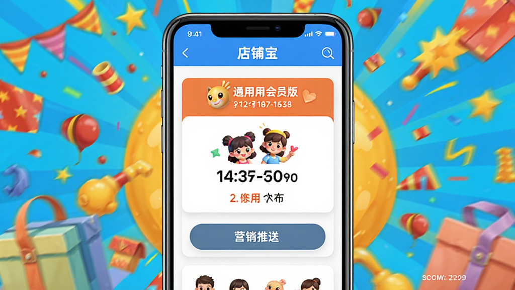 店铺宝通用会员版营销推送界面,手机屏幕显示优惠信息,背景为彩色促销元素,明亮活泼风格,构图中心突出,细节丰富,画质清晰
