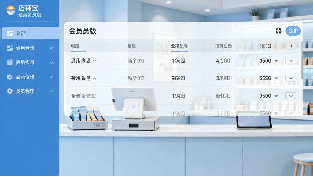 店铺宝通用会员版主界面展示,左侧功能导航,右侧会员列表,背景为现代简约店铺收银台,浅蓝色调,界面干净清晰,无多余元素,画质高清