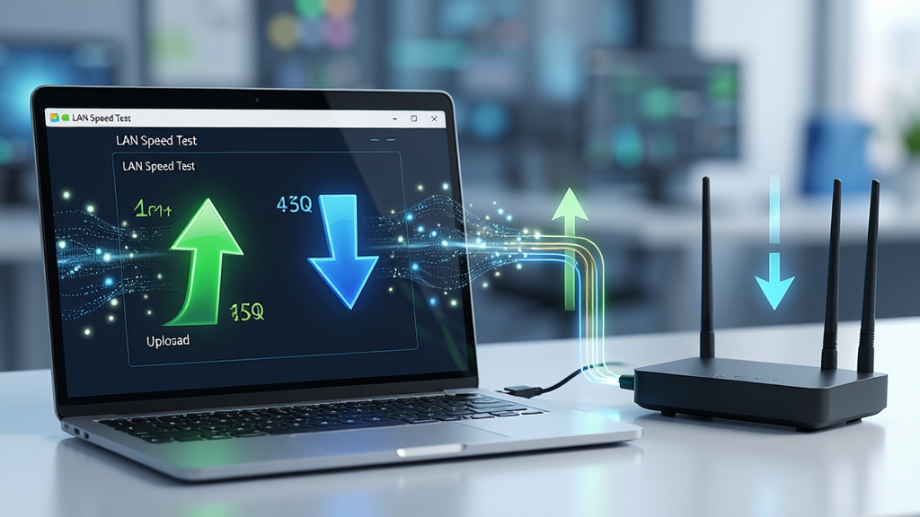 ���壺һ̨�ʼǱ���������·��������Ļ��ʾLAN Speed Test�������棬����������ɫ������ͷ����ɫ�½���ͷͼ�꣬��Χ�������Ĺ���ʾ���ݴ��䡣���֣��ʼǱ��������ڻ�����࣬·�������Ҳ࣬����֮���÷�����������ӣ������ϴ������Ϻ����µļ�ͷ��ʶ���Ű棺��������ƽ�⣬ǰ�������������黯������ִ��Ƽ��У�дʵ��Ⱦ��ɫ��������ϸ�ڣ���Ļ���ݿɱ���Ϊ��LAN Speed Test������������ʾ�ϴ��������ٶ���ֵ�����ʣ����壬�ɾ����޶���Ԫ�ء�