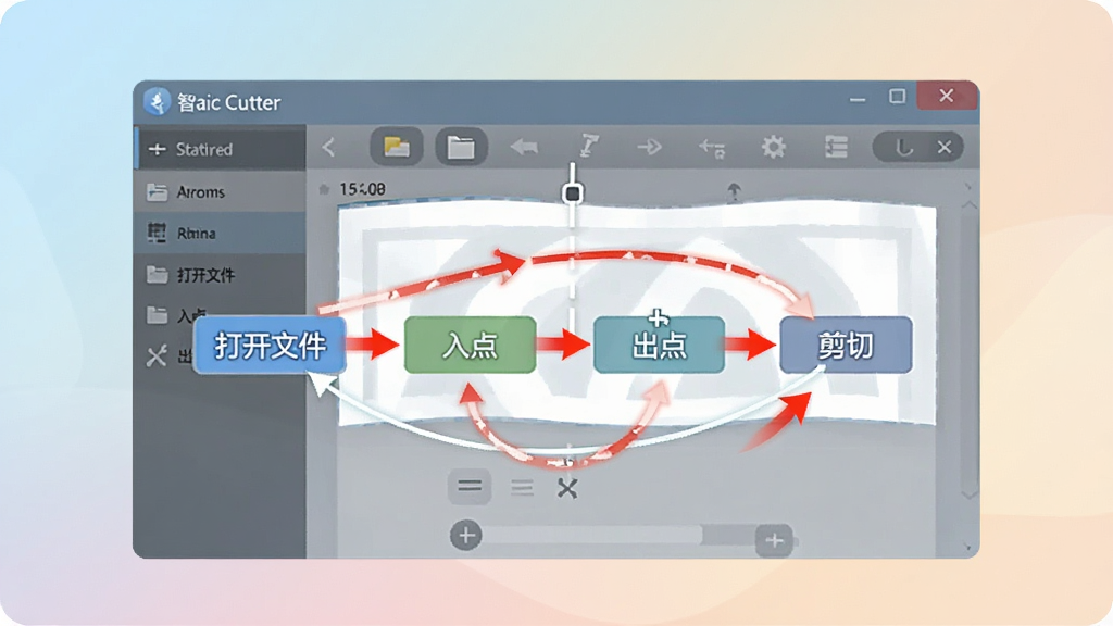 Smart Cutter 使用教程插图,画面展示软件主界面,并标注了“打开文件”、“入点”、“出点”、“剪切”等功能按钮的位置,用红色箭头指示操作顺序,背景为柔和渐变色,风格清新,通俗易懂。