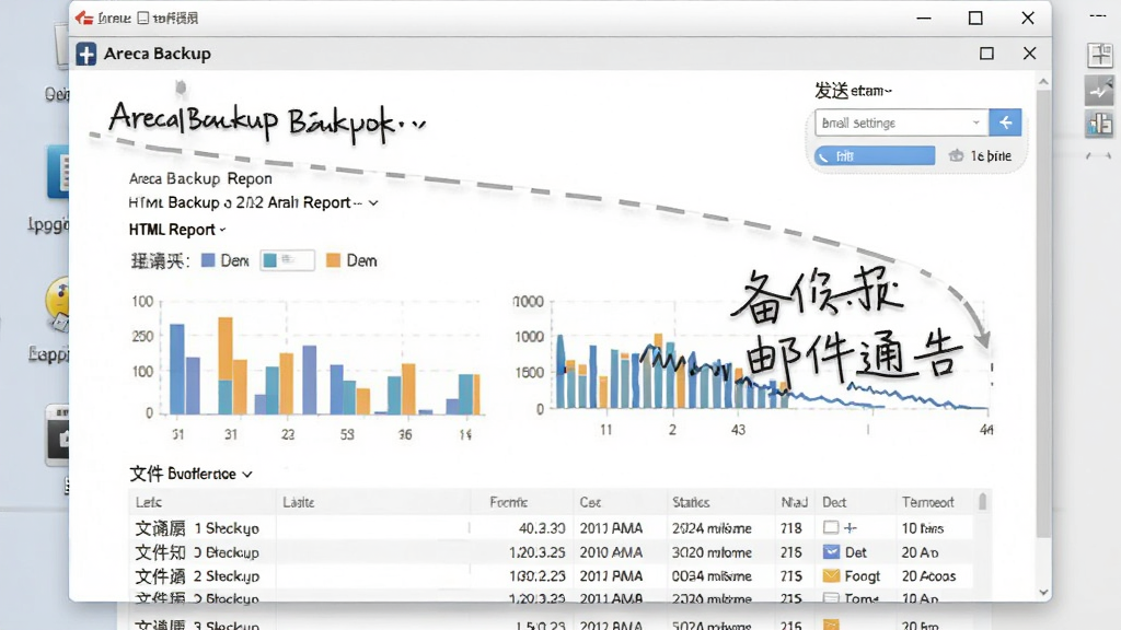 一张Areca Backup生成备份报告的界面预览,窗口展示一份HTML报告,包含统计图表和文件列表,右上角有邮件发送设置选项,背景为浅灰色桌面,整体风格商务清晰,文字标注