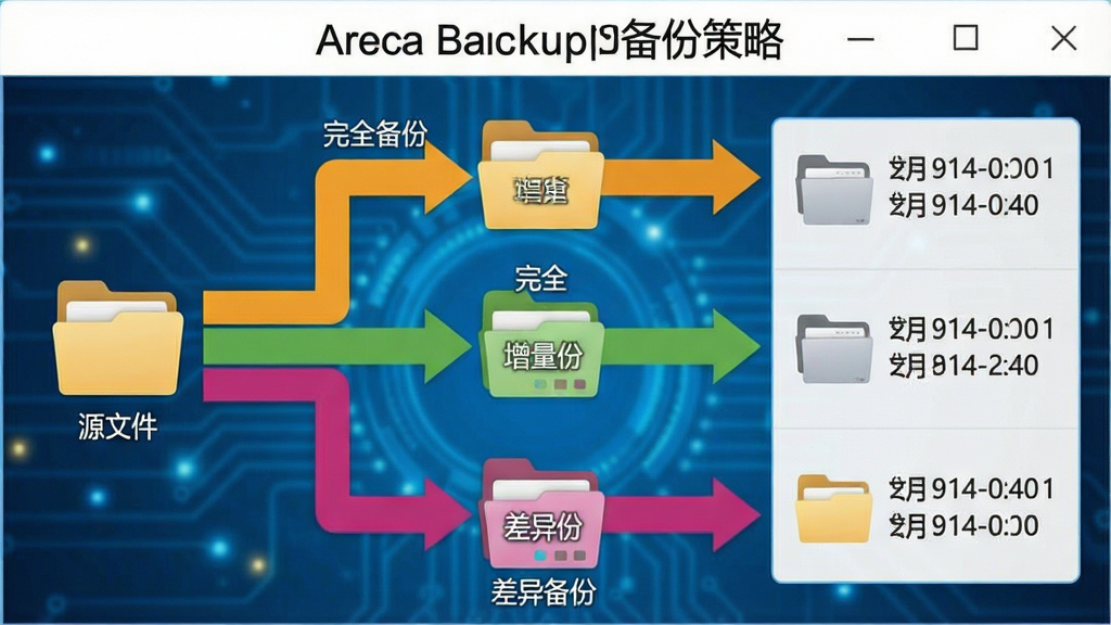 一张示意Areca Backup备份策略的流程图,左侧显示源文件夹图标,中间是不同颜色区分完全、增量、差异备份的箭头路径,右侧是带有时间戳的备份版本列表,画面简洁清晰,配以蓝色科技感背景,文字标注