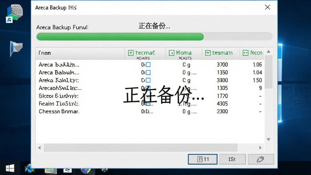 一张Areca Backup备份任务运行中的截图,界面上显示进度条和文件传输列表,背景为Windows桌面,整体画面清晰,文字标注