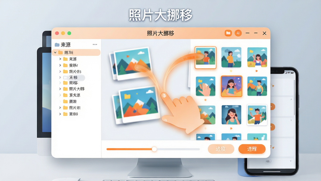 主体:一款名为“照片大挪移”的软件主界面悬浮在电脑桌面与手机图片库之上,界面中多张彩色照片正被一个抽象的手势拖拽移动,带有流畅的橙色轨迹线。布局:主界面占据画面中央,左侧为来源文件夹树状列表,右侧为图片预览网格,底部有进度条与按钮。排版:界面层次分明,图标圆润,按钮文字清晰可读。风格:现代扁平化插画风,色彩明亮清新,背景为浅灰蓝渐变,突出橙色与白色的品牌色。细节:照片边缘带有轻微阴影,移动轨迹呈半透明发光线条,界面顶部显示“照片大挪移”字样。画质:高清渲染,干净,无多余元素。