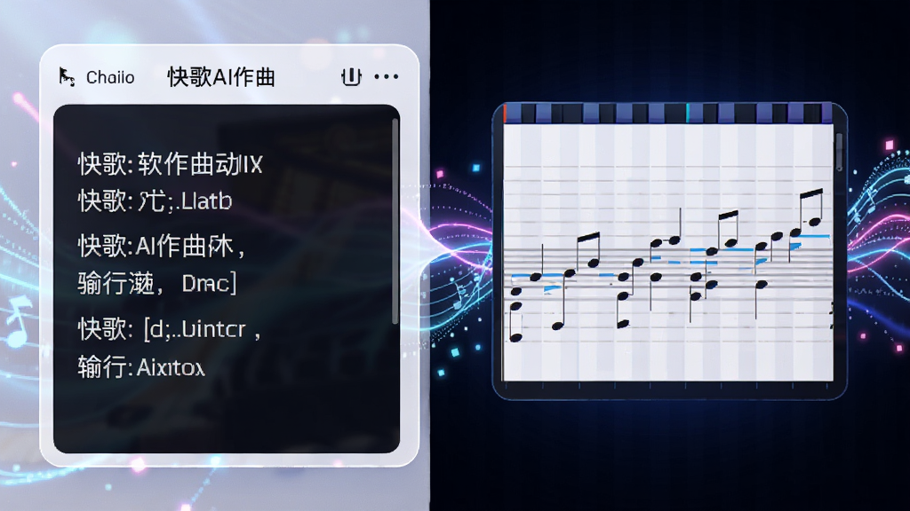 一张“快歌”软件AI作曲功能的预览图,画面左侧是歌词输入框,右侧实时生成钢琴卷帘窗音符,背景有律动的光效,整体风格明亮且富有创意,布局左右分明,排版整洁,画质高清,干净无冗余。