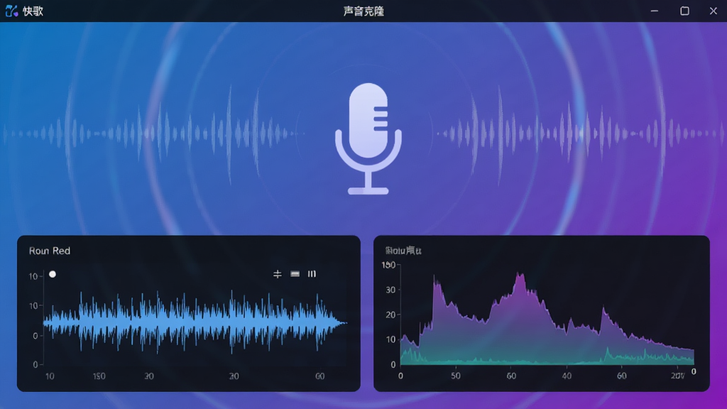 一张“快歌”软件声音克隆功能的操作界面图,展示录音波形与音色分析图谱,背景有麦克风图标和声波扩散效果,色调为科技蓝与紫色渐变,界面布局专业,细节丰富,画质细腻,整体干净无多余元素。