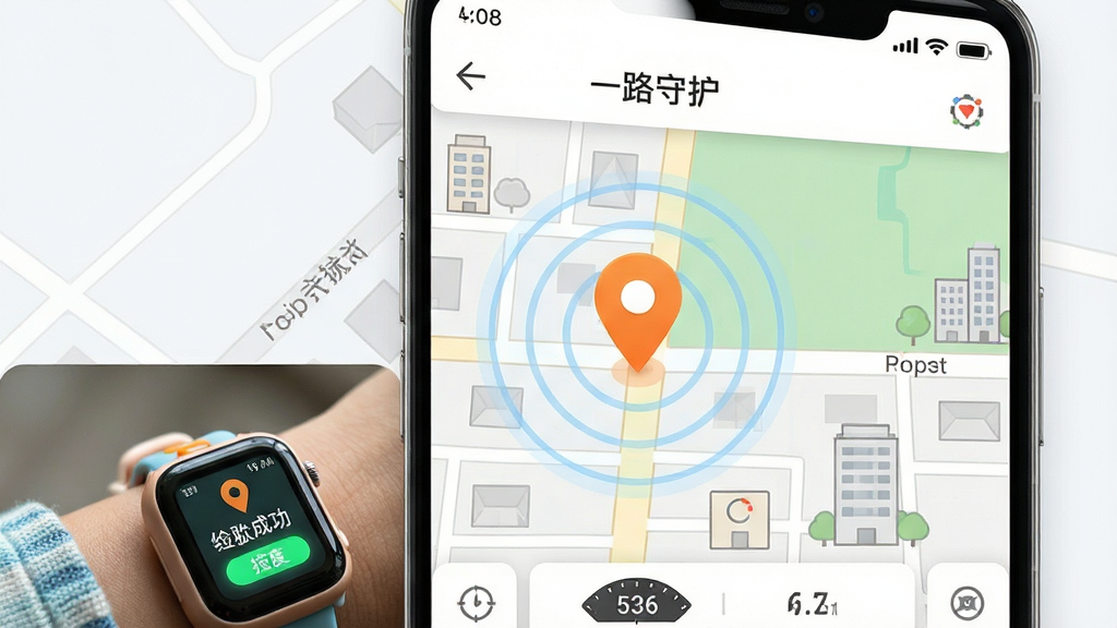 画面主体为智能手机竖屏界面,显示“一路守护”的定位页面,地图上有一个醒目的橙色定位图标,周围辐射出淡蓝色信号波纹,代表精准锁定。界面右上角显示电量、网络信号小图标。手机下方局部展示儿童手表佩戴在手腕上的实拍图,表盘亮起显示定位成功字样。布局为手机屏幕占画面70%,手腕图位于左下角,整体排版干净直观。风格为简洁扁平化结合轻微拟真,细节包含街道名称、建筑轮廓、速度指示,画质超清,无多余元素。