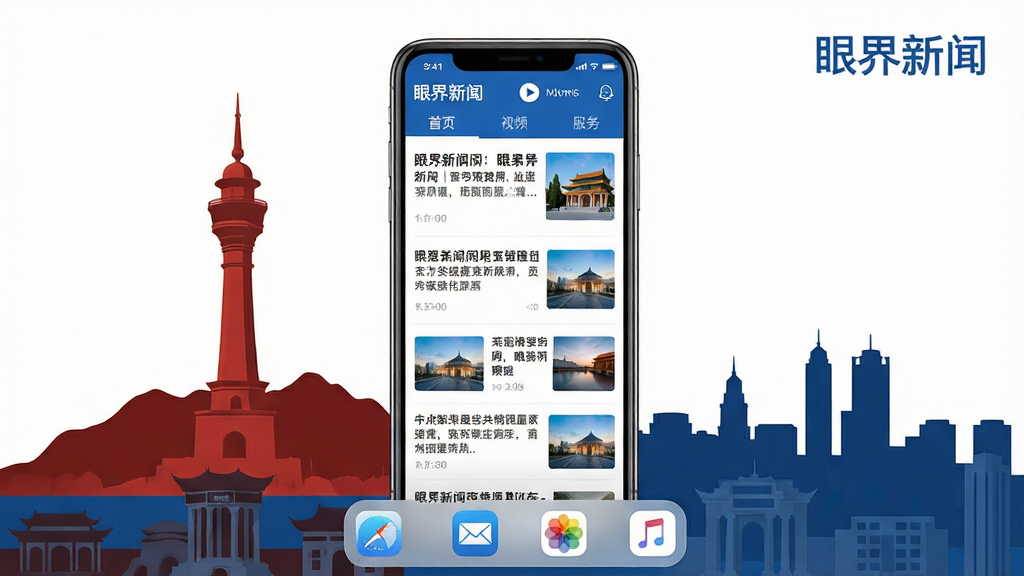 主体:一款名为“眼界新闻”的手机新闻应用界面展示,屏幕中显示各类新闻标题和图片,背景为乌鲁木齐城市地标(如红山塔)的剪影。布局:手机居中,屏幕内容清晰可见,周围留白干净,下方配以简洁的桌面图标。排版:界面采用列表式布局,新闻标题醒目,配图精美,整体色调以蓝色和白色为主,体现新闻的权威与清新。风格:现代扁平化设计,符合新闻客户端的专业气质。细节:屏幕右上角显示“眼界新闻”字样,界面包含“首页”、“视频”、“服务”等标签栏。画质:超高清,色彩真实,干净无多余元素。