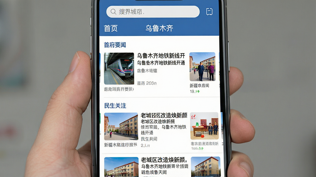 主体:眼界新闻App的“首页”频道截图,展示新疆乌鲁木齐的本地新闻,包含“首府要闻”、“民生关注”等栏目。布局:手机屏幕内清晰展示新闻列表,每一条配有缩略图和标题,顶部为搜索栏和城市名称“乌鲁木齐”。排版:信息流式布局,标题字体清晰,图片大小统一,色彩鲜明。风格:写实风格,模拟真实手机界面。细节:新闻标题如“乌鲁木齐地铁新线开通”、“老城区改造焕新颜”,并配有相关新闻图片。画质:高清,细节丰富,无多余元素。