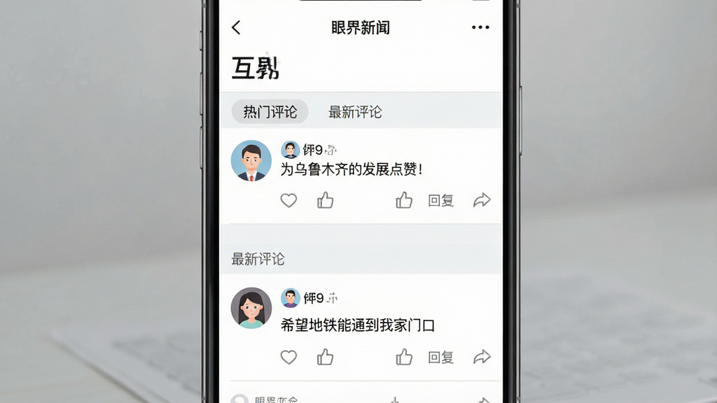主体:眼界新闻App的“互动”界面,展示一篇新闻下方的评论区,包含用户头像、昵称和评论内容,以及点赞和回复按钮。布局:手机屏幕居中,评论区列表清晰,带有“热门评论”和“最新评论”标签。排版:信息流式布局,每条评论有分隔线,头像为圆形。风格:简洁社交风格,界面以白色和浅灰色为主。细节:评论内容如“为乌鲁木齐的发展点赞!”、“希望地铁能通到我家门口”。画质:高清,无多余元素。