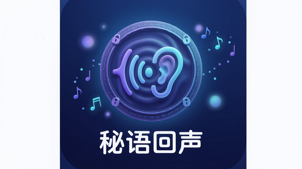 主体:秘语回声App的3D图标漂浮在深蓝色渐变背景中央,图标呈圆形,内部有抽象的声波涟漪与耳语符号,发光效果;布局:图标居中,四周环绕柔和的光斑与细小的音符粒子,底部有“秘语回声”四个字的中文Logo;排版:居中构图,图标与文字比例协调,留白充足;风格:科技感与治愈系结合,扁平化加轻微拟物光影,色调以深蓝、紫色与青色为主;细节:图标边缘有细密的加密锁纹路,声波纹理清晰,文字“秘语回声”使用圆润的白色无衬线字体;画质:8K超高清渲染,细节丰富,干净无多余元素。