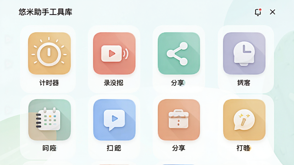 展示悠米助手工具库界面,图标网格排列,包含计时器、录屏、分享等图形,背景明亮清新,布局整齐,风格扁平化,色彩柔和,细节到位,画质干净,无多余元素。