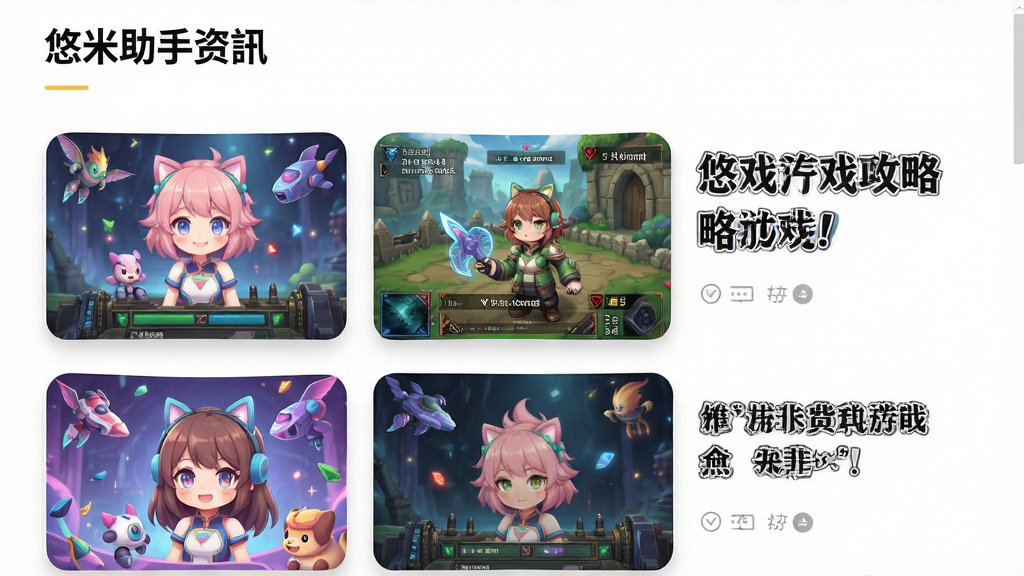 悠米助手资讯页面呈现多篇游戏攻略卡片,封面图风格多样,右侧文字标题醒目,背景白色,布局错落有致,风格清新,细节真实,画质高清,干净无多余元素。