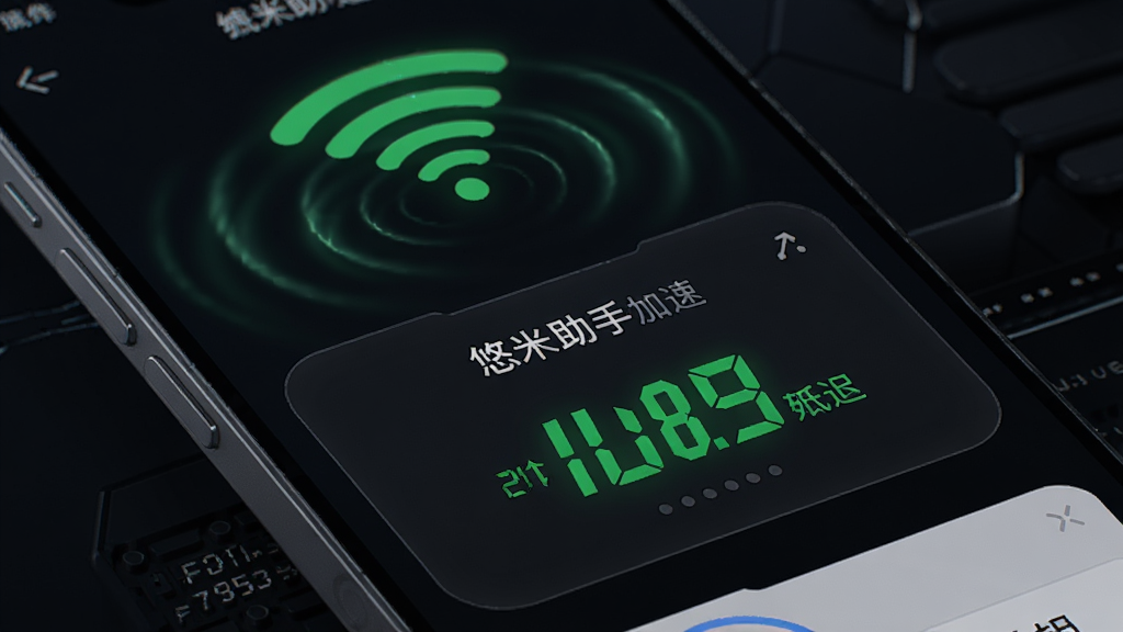 科技感手机界面展示悠米助手加速功能面板,网络信号波纹动态效果,背景深色,突出绿色低延迟数值,布局清爽,风格炫酷,细节精致,画质高清,干净无多余元素。