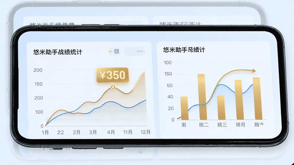 手机屏幕展示悠米助手战绩统计界面,包含折线图与柱状图,金色数据高亮显示,背景淡蓝,布局条理清晰,风格商务简约,细节丰富,画质高清,干净无多余元素。