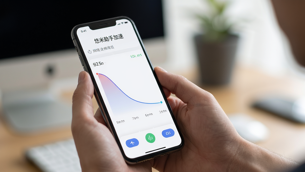 手持手机使用悠米助手加速功能,屏幕上显示网络延迟降低曲线,背景虚化,主体清晰,布局自然,风格写实,细节丰富,画质高清,干净无多余元素。