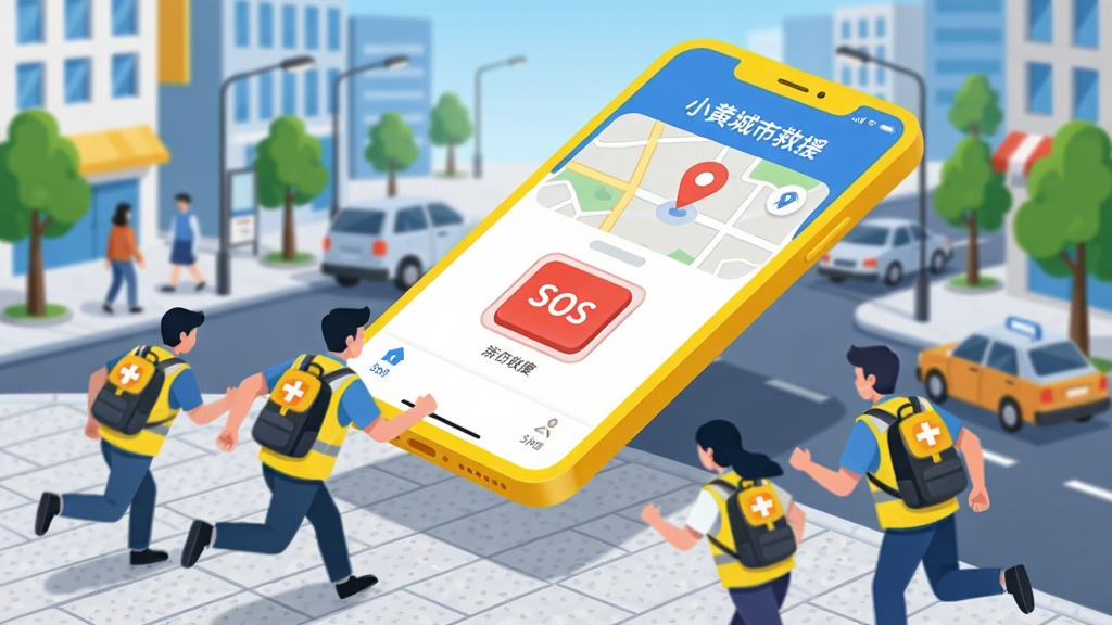 画面主体为一部亮黄色智能手机屏幕,屏幕中央显示“小黄城市救援”APP主界面,界面有醒目的红色SOS按钮和地图定位标记;手机悬浮于现代城市街道背景上方,街道上有行人、车辆和绿树;前景有几位穿着黄色马甲的救援志愿者正快步跑向手机屏幕方向;整体构图采用斜向视觉引导,手机屏幕内容清晰可辨,风格为扁平化插画结合轻微拟真光影,色彩以明亮的黄色、蓝色和白色为主,细节丰富,包括街道地砖纹理、志愿者背包上的十字标识,画质高清干净,无多余无关元素。