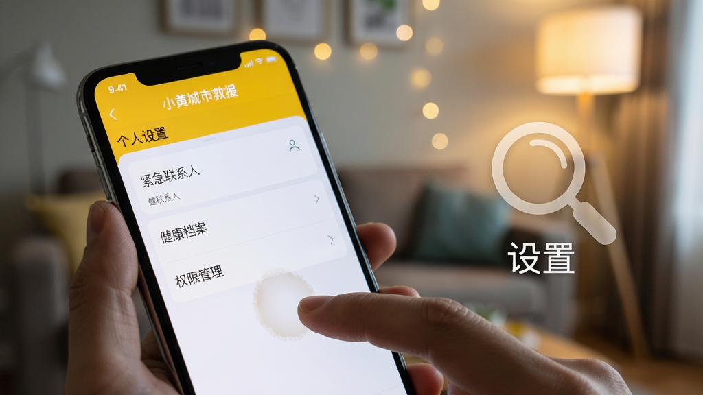 主体:一部智能手机被握在手中,屏幕显示小黄城市救援APP的“个人设置”页面,页面有“紧急联系人”、“健康档案”、“权限管理”等列表项,页面顶部有“小黄城市救援”字样。布局:手机斜放,屏幕朝向镜头,背景是模糊的家庭客厅环境,有沙发和落地灯。排版:手机位于画面中央偏左,右侧有半透明的放大镜图标和“设置”字样。风格:写实风格,色彩自然,屏幕亮部与背景暗部形成对比。细节:手指轻触屏幕时留下淡淡痕迹,屏幕上的字体清晰可见,背景中的灯光形成柔和的圆形光斑,画质高清干净,无多余元素。