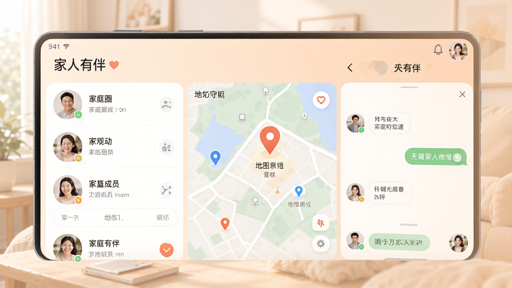 家人有伴软件主界面预览图,展示家庭圈成员列表、地图定位与聊天窗口,布局清晰,风格温馨明亮,UI设计简洁现代,色彩柔和,画质干净高清,突出亲情守护主题,界面文字显示