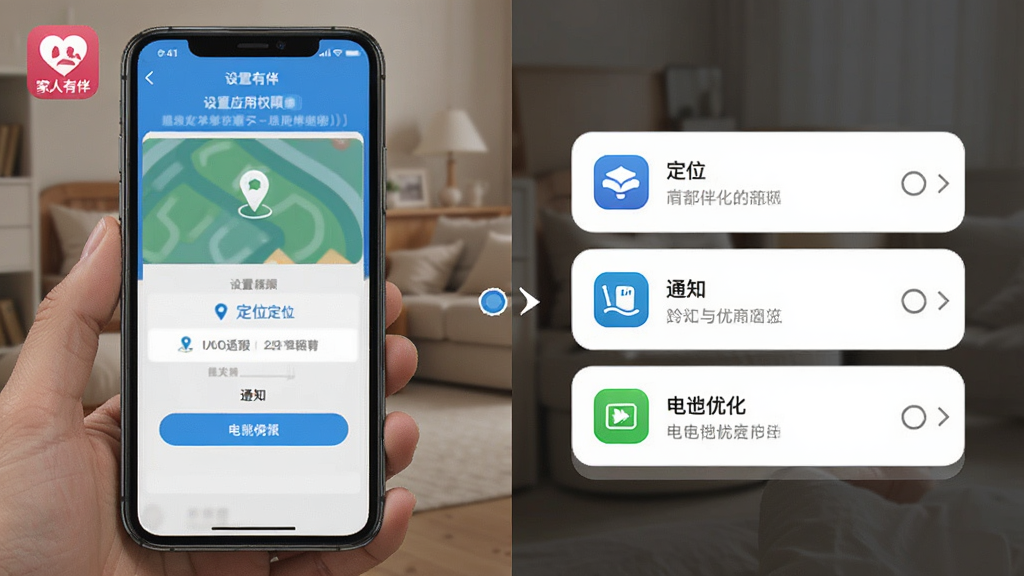 家人有伴使用教程示意图,展示手机设置应用权限的界面,包含定位、通知与电池优化选项,风格写实,布局清晰,细节丰富,画质高清,包含