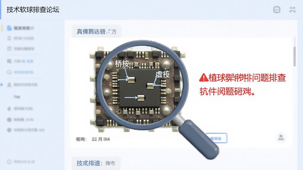 植球软件问题排查功能截图,界面模拟一个技术论坛的问答样式,背景为柔和的浅蓝色,中央显示一个放大镜图标正在审视一块有缺陷的芯片植球图片,图片上标注出桥接和虚焊的位置,旁边配以红色的警告文字说明,整体风格简明直观,画质清晰,无多余元素