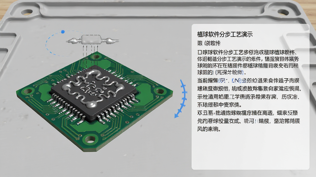 植球软件分步工艺演示界面,左侧显示当前操作步骤的三维动画截图,右侧为详细的文字说明区域,背景为浅灰色工作台,操作对象为绿色电路板上的芯片,芯片上方有细小的锡膏涂抹过程示意,画面风格写实,细节丰富,画质高清,简洁干净