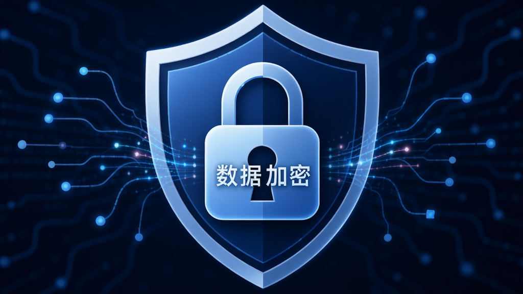 主体为信犀软件安全盾牌图标与加密锁的创意合成图,锁中央有“数据加密”字样。布局采用盾牌居中,周围环绕网络线路与节点。排版简洁,背景为深邃的科技蓝。风格抽象且具有科技感,细节体现数据流动的轨迹。画质锐利,光效自然,无多余元素。