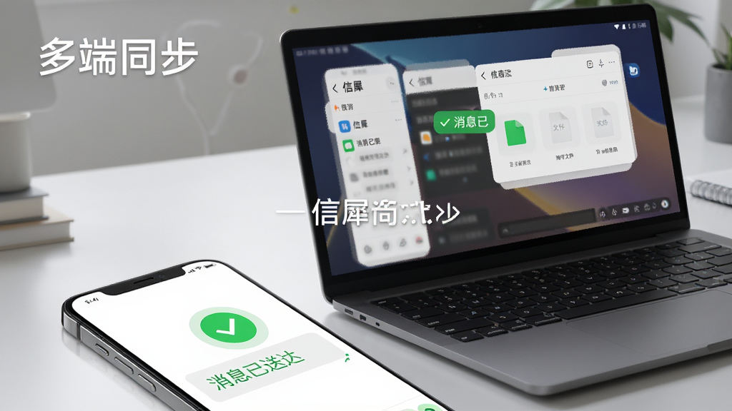 图片主体为手机与电脑并排放置,屏幕同步显示信犀聊天界面与文件传输过程。前景是打开的手机,屏幕上有绿色“消息已送达”对勾。布局采用对角线构图,背景为简约的书桌。排版清晰,标注“多端同步”字样。风格写实,细节呈现屏幕反射光泽。画质高清,无多余元素。